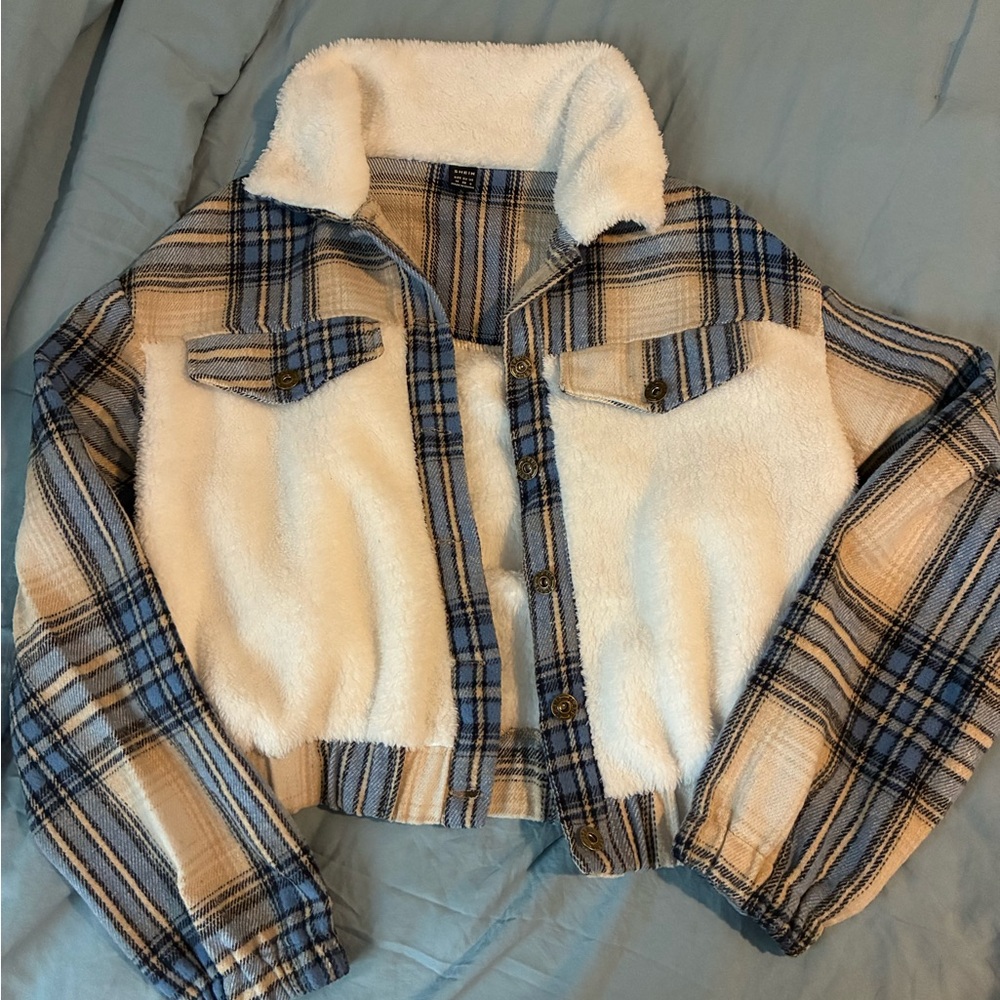 SHEIN Blue and Cream Plaid Jacket